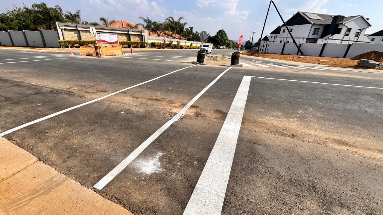New road markings viewed at surface level at Waterfall Manor