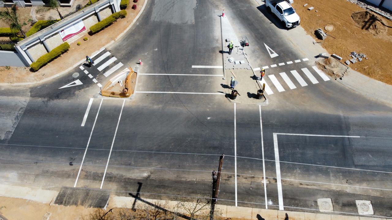 Aerial view of completed road surfacing and markings at Waterfall Manor