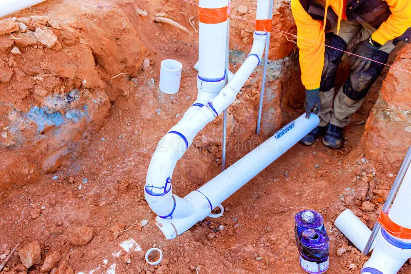 Worker connecting PVC plumbing pipes in an open trench on site