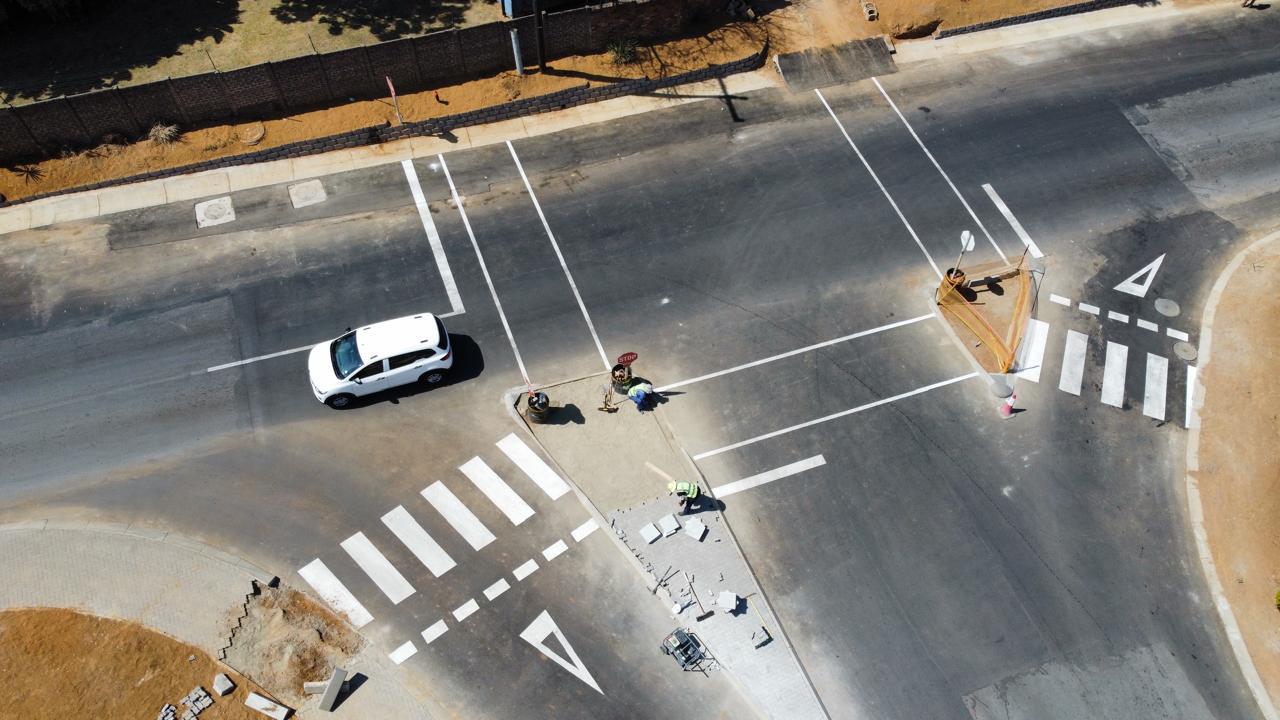 Aerial view of the completed Waterfall Manor road upgrade and new intersection markings