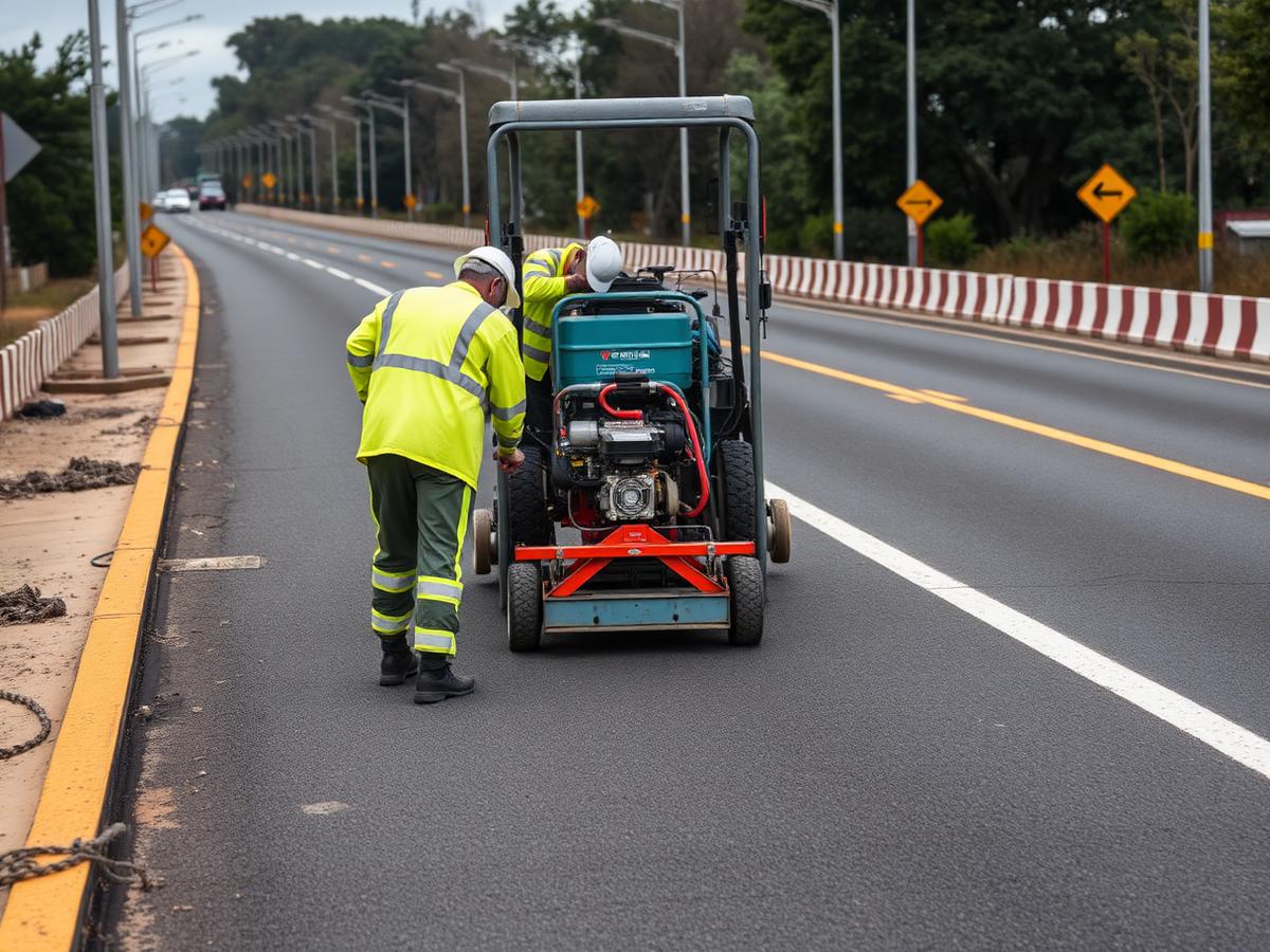 Road marking crew applying fresh line markings to a newly surfaced road
