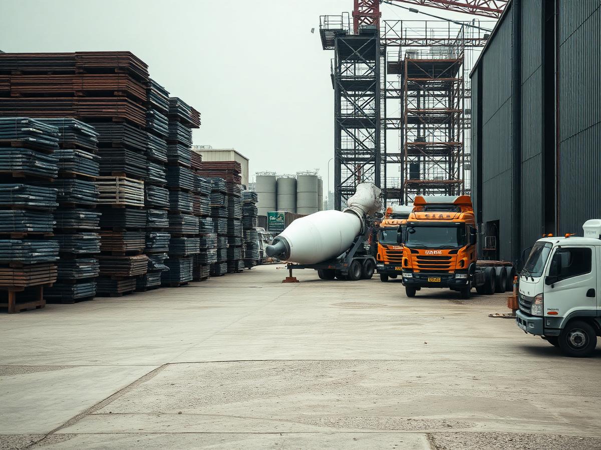 Construction materials laydown yard with stacked goods ready for delivery
